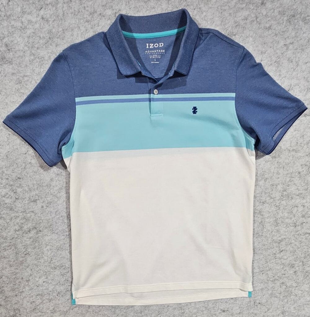 IZOD Advantage Polo Shirt Colorblock Short Sleeve Blue Aqua White Large